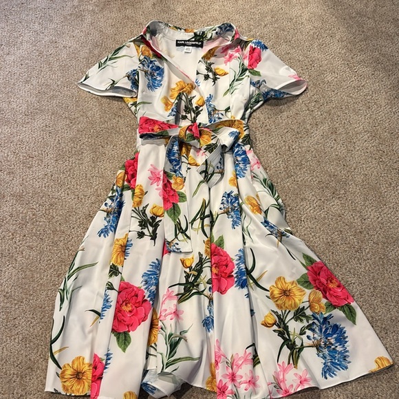 Karl Lagerfeld Red and Blue V-Neck Midi Dress - Picture 3 of 7